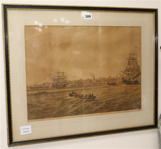 English School, oil on canvas, fishing boat at sea, indistinctly signed, and a lithograph of Liverpool, 18 x 23cm and 36 x 49cm